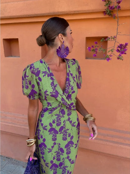 Boho V-Neck Floral Pleated Dress