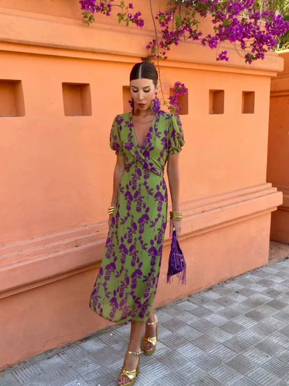 Boho V-Neck Floral Pleated Dress