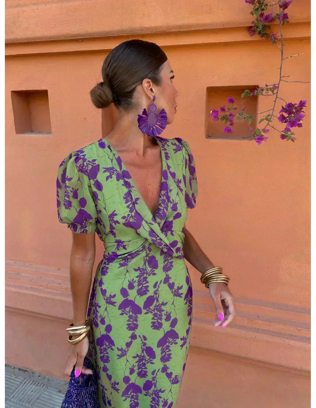 Boho V-Neck Floral Pleated Dress