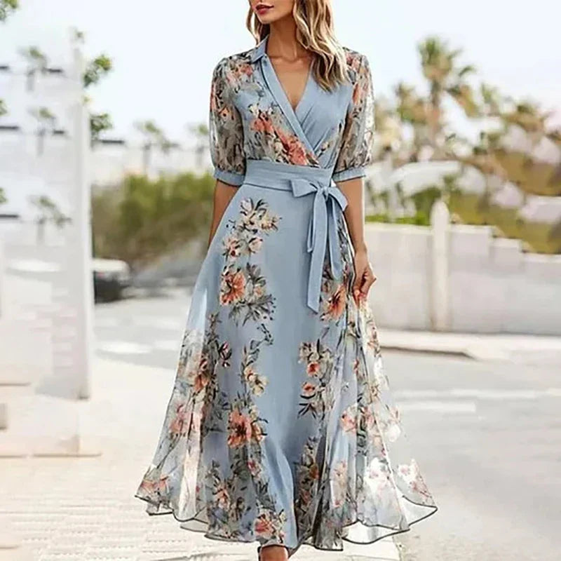 Boho Maxi Dress with V-neck and Bow