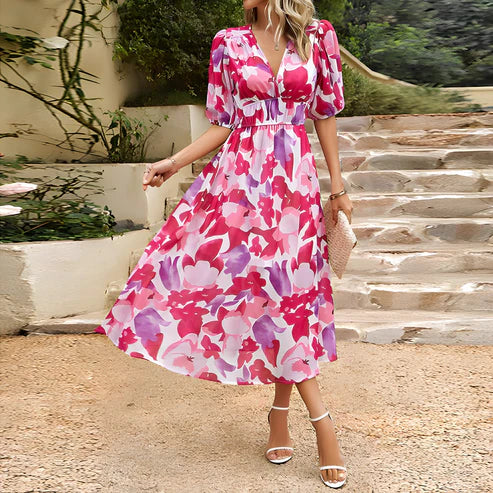 Vintage Glam Lantern Sleeve Midi Dress